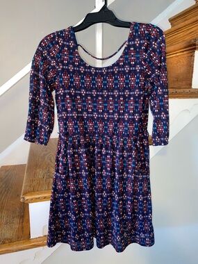 Red Camel Navy Geometric Print Long-Sleeve Fit-and-Flare Dress with Red and Blue